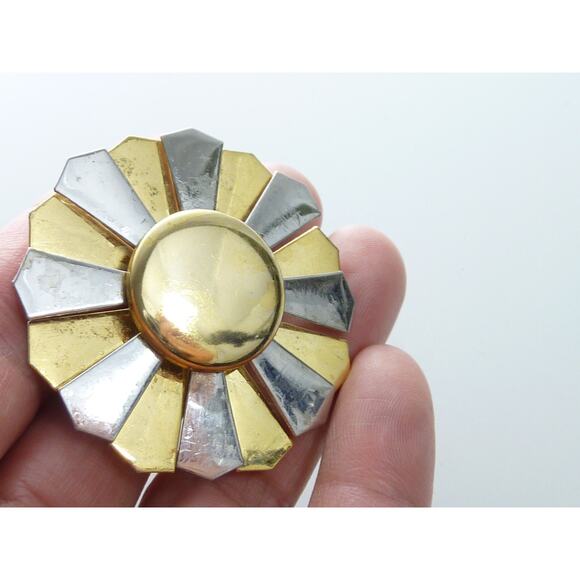 Vintage Two-tone Circle MCM Sun Brooch Gold-Tone Silver-Tone Starburst - Picture 3 of 3